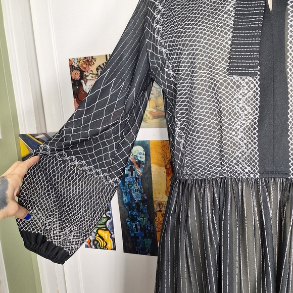 Vintage 70s Sheer Floral Striped Long Sleeve Dress Sz Medium Large Black White - Picture 3 of 7